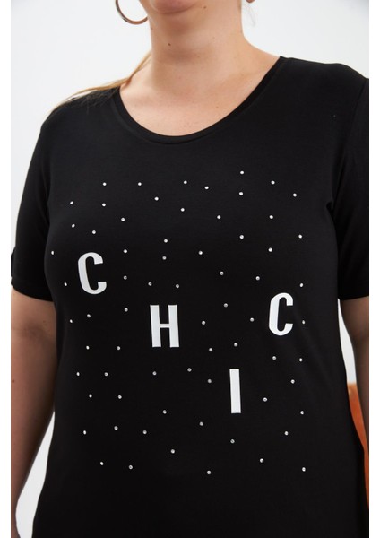 Büyük Beden Taş Detay Baskılı Tişört Siyah fiyatları