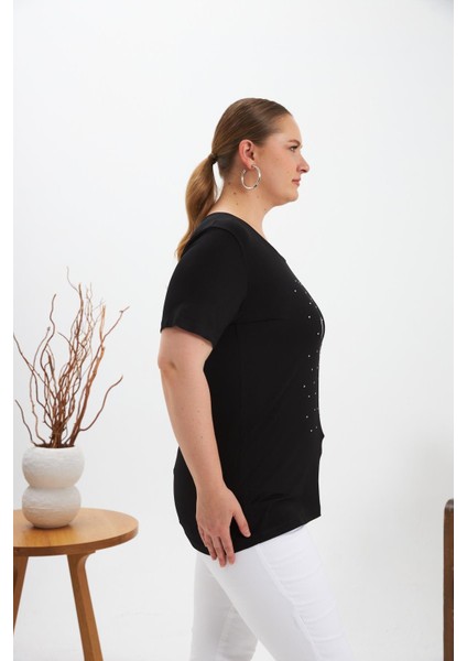 Büyük Beden Taş Detay Baskılı Tişört Siyah modelleri