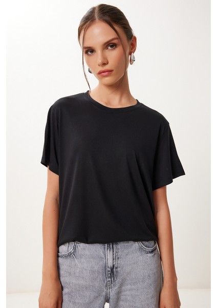 Basic Modal Örme T-Shirt LFN0101 Siyah