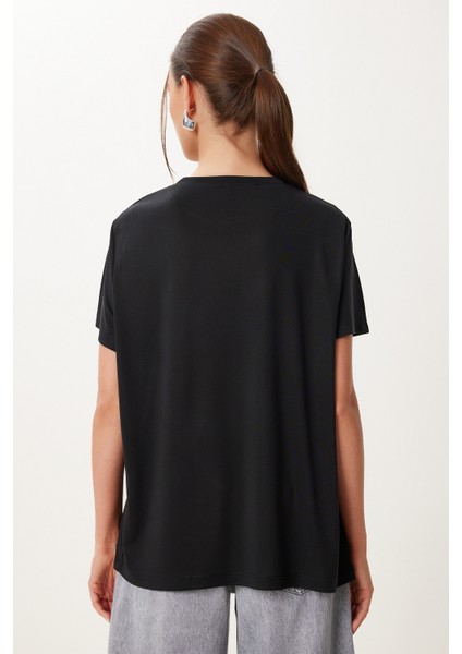 Basic Modal Örme T-Shirt LFN0101 Siyah modelleri