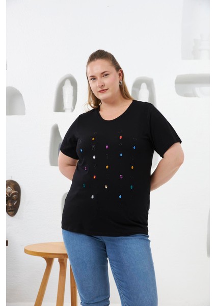 Boncuk ve Taş Işlemeli Büyük Beden Tişört Siyah