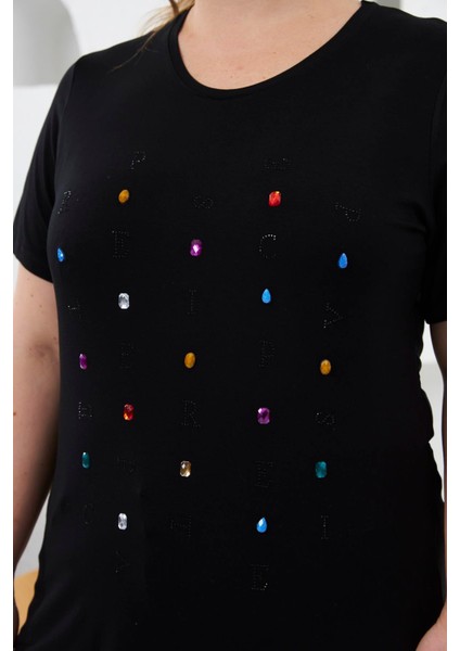 Boncuk ve Taş Işlemeli Büyük Beden Tişört Siyah fiyatları