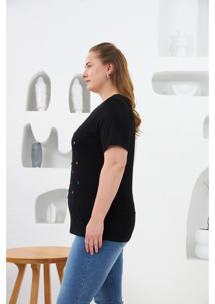 Boncuk ve Taş Işlemeli Büyük Beden Tişört Siyah modelleri