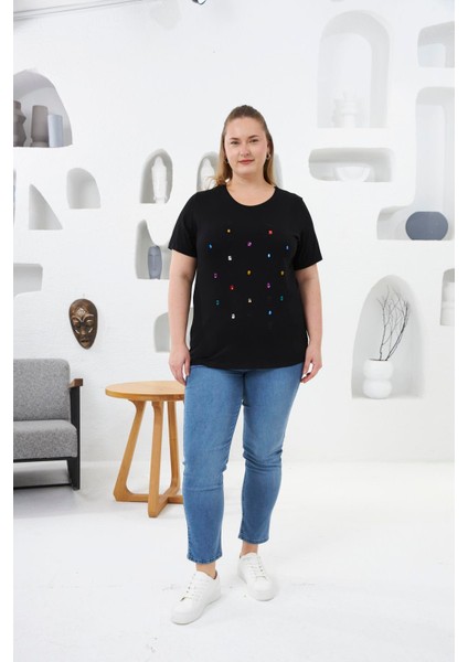 Boncuk ve Taş Işlemeli Büyük Beden Tişört Siyah fırsatları