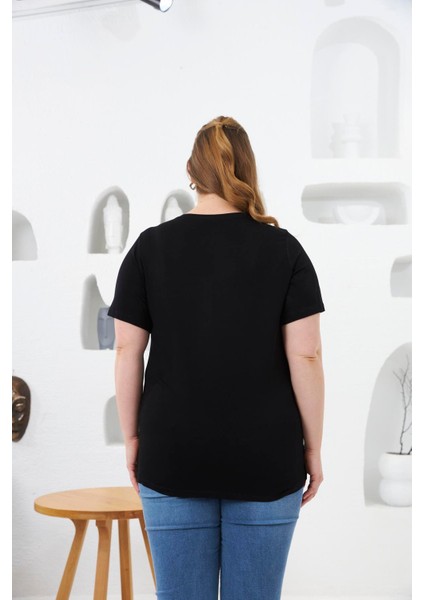 Boncuk ve Taş Işlemeli Büyük Beden Tişört Siyah indirimleri