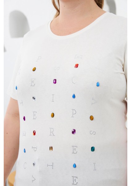 Boncuk ve Taş Işlemeli Büyük Beden Tişört Beyaz fiyatları