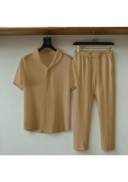 Alaçatı Stili Erkek Bürümcük Krinkıl Kumaş Yazlık Likralı Polo Yaka Tshirt ve Eşofman Takım Kombini