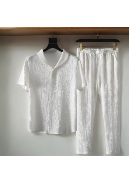 Alaçatı Stili Erkek Bürümcük Krinkıl Kumaş Yazlık Likralı Polo Yaka Tshirt ve Eşofman Takım Kombini