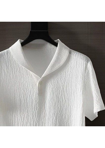 Alaçatı Stili Erkek Bürümcük Krinkıl Kumaş Yazlık Likralı Polo Yaka Tshirt ve Eşofman Takım Kombini modelleri
