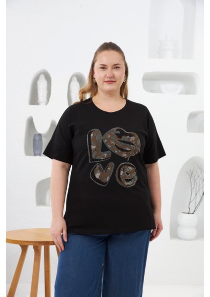 Love Taş Baskılı Büyük Beden Tişört Siyah