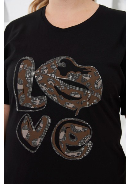 Love Taş Baskılı Büyük Beden Tişört Siyah fiyatları