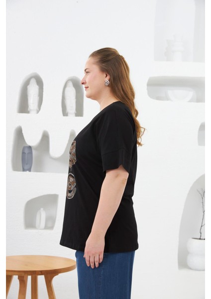 Love Taş Baskılı Büyük Beden Tişört Siyah modelleri