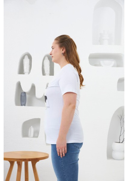 Çiçek Desenli Baskılı Büyük Beden Tişört Beyaz modelleri