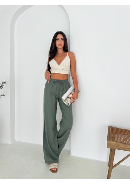 %100 Pamuk Bağcıklı Geniş Paça Keten Pantolon KTN-2547
