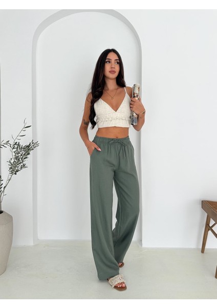 %100 Pamuk Bağcıklı Geniş Paça Keten Pantolon KTN-2547 fiyatları