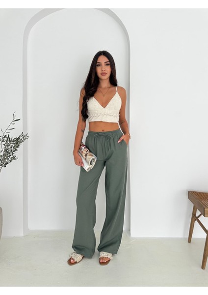 %100 Pamuk Bağcıklı Geniş Paça Keten Pantolon KTN-2547 modelleri