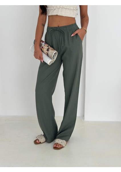 %100 Pamuk Bağcıklı Geniş Paça Keten Pantolon KTN-2547 fırsatları