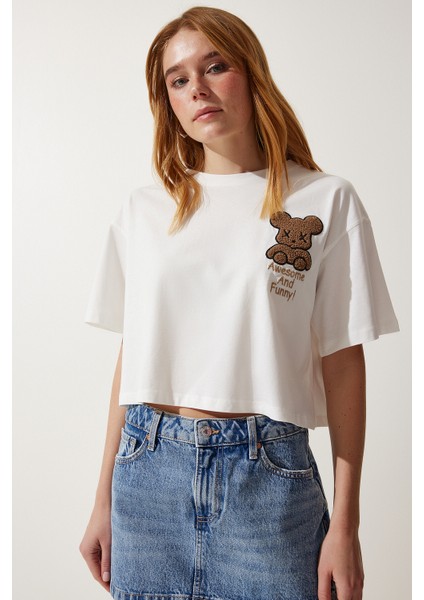 Ayıcık Armalı Crop Örme T-Shirt LHF0036 Ekru