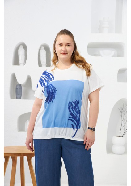 Taş Detaylı Büyük Beden Tişört Ekru