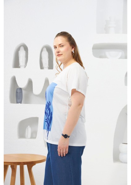 Taş Detaylı Büyük Beden Tişört Ekru modelleri