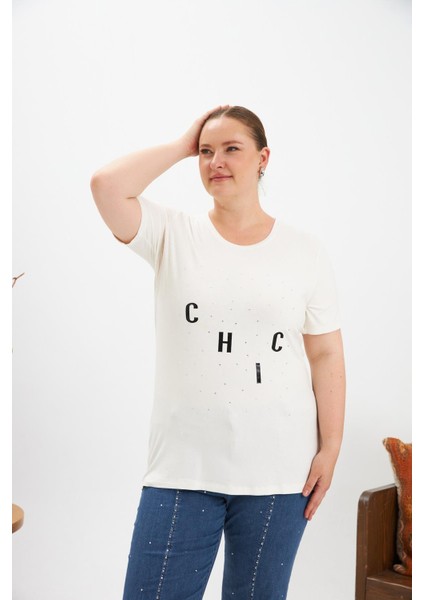 Büyük Beden Taş Detay Baskılı Tişört Ekru