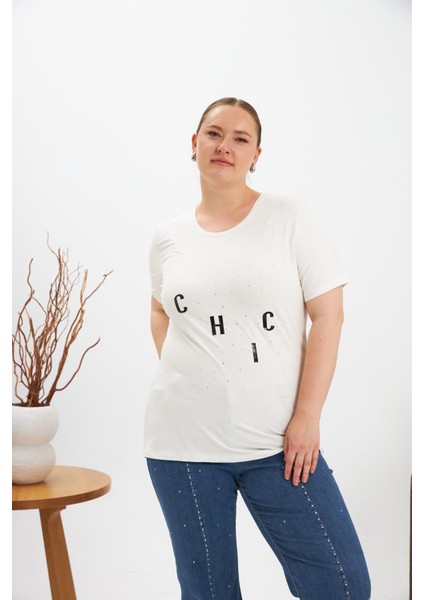 Büyük Beden Taş Detay Baskılı Tişört Ekru modelleri