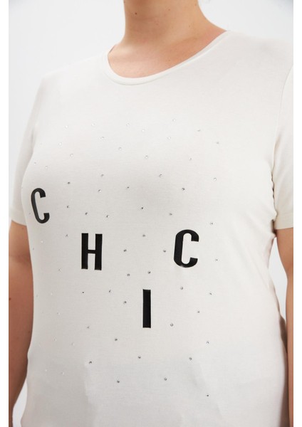 Büyük Beden Taş Detay Baskılı Tişört Ekru fırsatları