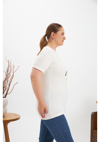 Büyük Beden Taş Detay Baskılı Tişört Ekru indirimleri