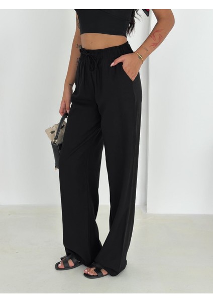 %100 Pamuk Bağcıklı Geniş Paça Keten Pantolon KTN-2547 fırsatları