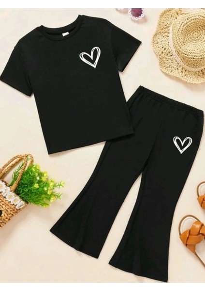 Kız Çocuk Alt Üst Takım Kısa Kollu Tişört ve Ispanyol Paçapantolon