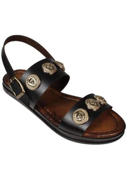 Yazkış Kadın Siyah Taba Cilt Üzeri Altın Detaylı Sandalet