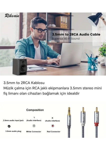 3-Metre 3.5mm To 2 Rca Aux Ses Kablosu 3.5mm Jack Rca Ayırıcı Aux Hi-Fi Ses Teknolojisi Hasır Örgülü Sağma Kablo Orjinal