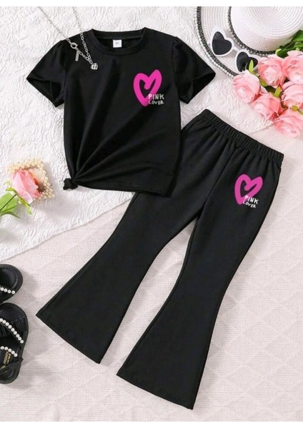 Kız Çocuk Alt Üst Takım Kısa Kollu Tişört ve Ispanyol Paça Takım