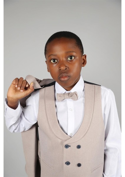 09 - 14 Yaş Erkek Çocuk Bej Keten Ceketli Takım