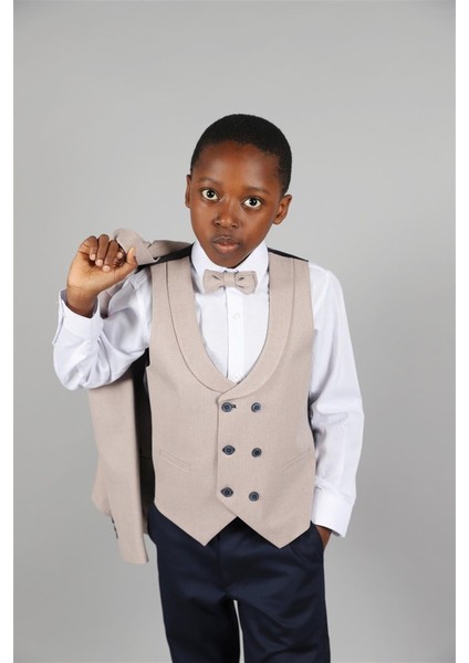 09 - 14 Yaş Erkek Çocuk Bej Keten Ceketli Takım