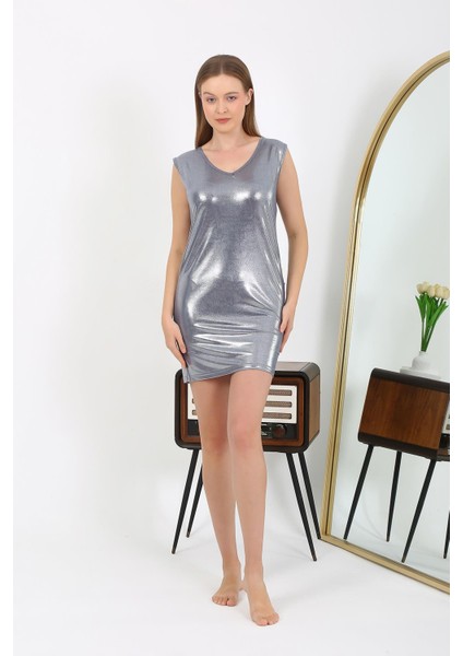 Kadın Kalın Askılı Kısa Parlak Micro Ev Elbisesi Gecelik 7417 Gri fiyatları