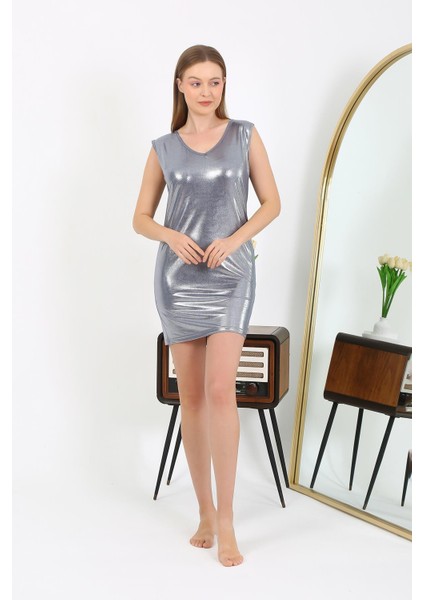 Kadın Kalın Askılı Kısa Parlak Micro Ev Elbisesi Gecelik 7417 Gri modelleri
