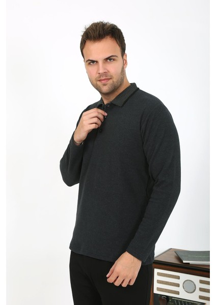 Erkek Polo Yaka Uzun Kol Penye Pijama Takımı Antrasit 6865 modelleri