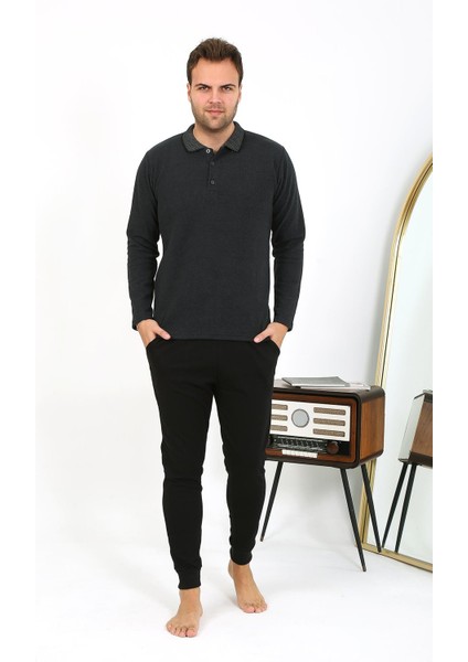 Erkek Polo Yaka Uzun Kol Penye Pijama Takımı Antrasit 6865