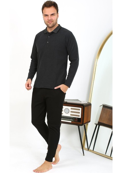 Erkek Polo Yaka Uzun Kol Penye Pijama Takımı Antrasit 6865 fiyatları