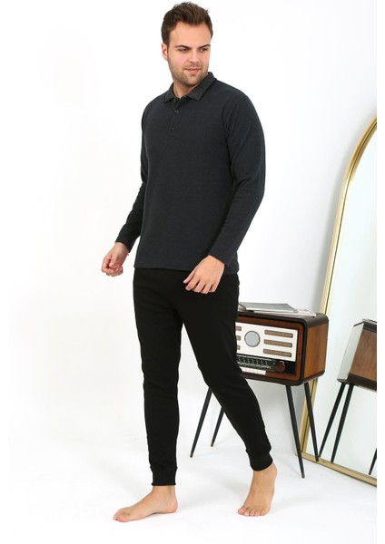 Erkek Polo Yaka Uzun Kol Penye Pijama Takımı Antrasit 6865 indirimleri