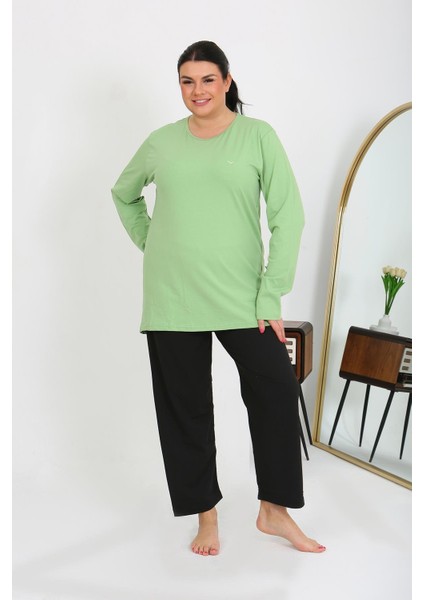 Kadın Büyük Beden Uzun Kol Penye Pijama Takımı Fıstık Yeşili 202408