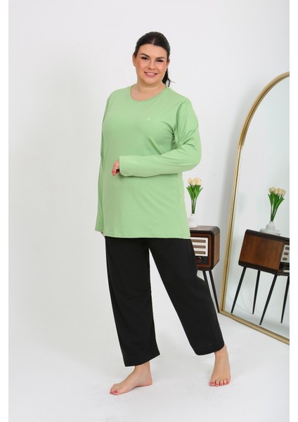 Kadın Büyük Beden Uzun Kol Penye Pijama Takımı Fıstık Yeşili 202408 fiyatları