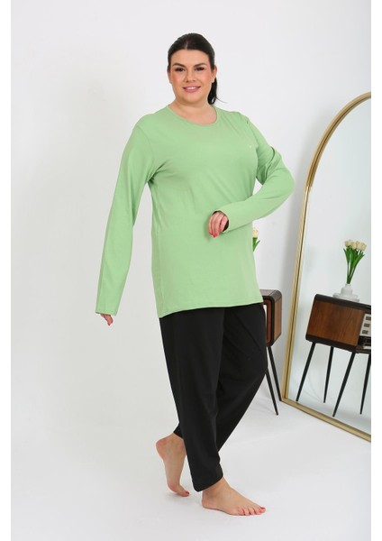 Kadın Büyük Beden Uzun Kol Penye Pijama Takımı Fıstık Yeşili 202408 fırsatları