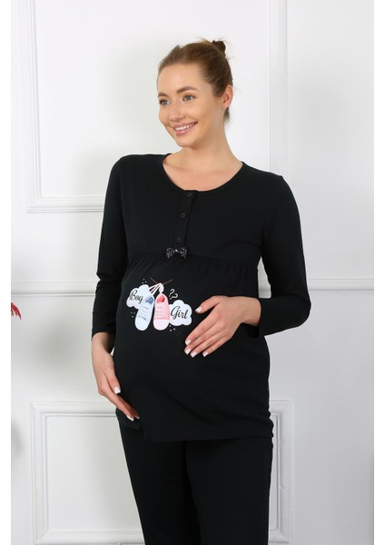 Kadın Uzun Kol Hamile Lohusa Pijama Takımı Siyah 45501 modelleri