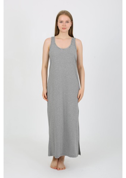 Kadın Kalın Askılı Yırtmaçlı Uzun Gri Gecelik 90110
