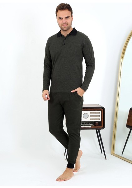 Erkek Polo Yaka Uzun Kol Penye Pijama Takımı 6862 Haki