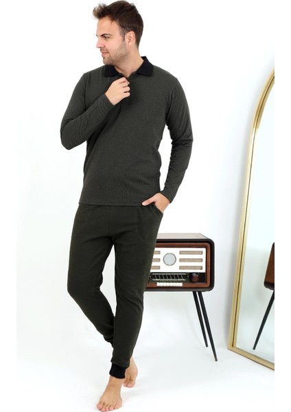 Erkek Polo Yaka Uzun Kol Penye Pijama Takımı 6862 Haki modelleri