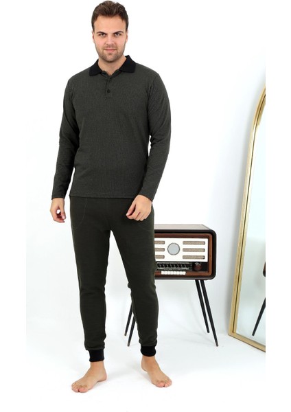 Erkek Polo Yaka Uzun Kol Penye Pijama Takımı 6862 Haki fırsatları