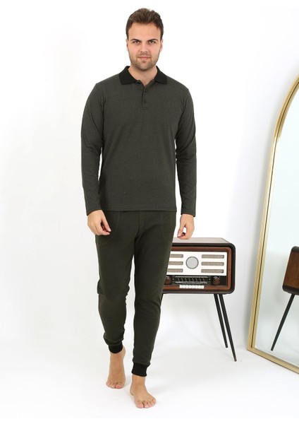 Erkek Polo Yaka Uzun Kol Penye Pijama Takımı 6862 Haki indirimleri